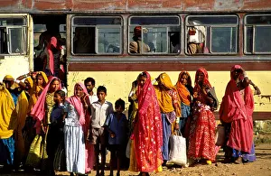 Hindu Festival Prints: Rajasthan a bus arriving in Pushkar for the camel fair and hindu festival kartik purnima