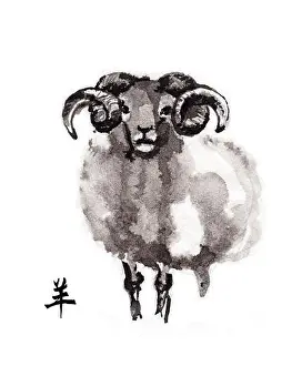 Hooves Prints: Ram standing frontal, oriental ink painting with Chinese hieroglyph goat'