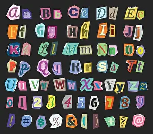 Ripped Prints: Ransom scrapbook font. Newspaper cutout alphabet for blackmail style collage with numbers
