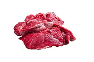 Fillet Prints: Raw Lamb leg steaks on butcher table. Isolated on white background