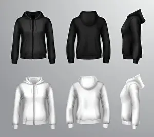 Zipper Prints: Realistic black and white hooded sweatshirts for women with front back and side view isolated vector illustration