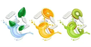 Chewing Prints: Realistic chewing gum. 3D splashes juice or water with bubblegum pads and fresh fruits