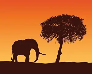 Savannah Prints: Realistic illustration with silhouette of elephant on safari in Africa