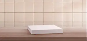 Washroom Prints: Realistic tiled wall, white soap box on wooden shelf