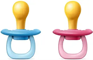 White Vector Vectors Prints: realistic vector icon. Baby boy and girl pacifier. Blue and pink