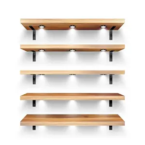 Bookshelf Prints: Realistic wooden store shelves with wall mount and lighting