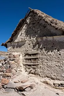 The rear of the Church of the Virgin of the Nativity in Parinacota on the Andean altiplano in Lauca National Park in
