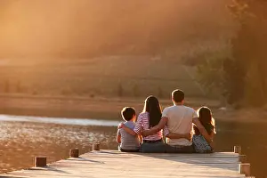 Forties Prints: Rear View Of Family Standing On Wooden Jetty By Lake