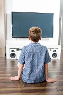 Childish Prints: Rear view of little boy sitting on the floor and watching cinema