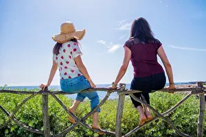 Daydreaming Prints: Rear view of two young woman sitting on a fence looking away against blue sky