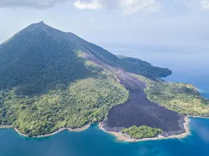A recent lava flow is seen from a birds eye view on Banda Neira in the Banda Sea. This region is in the Coral Triangle and has high biodiversity