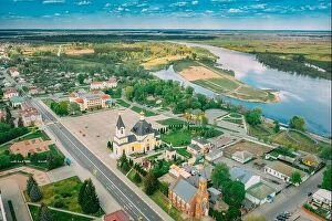 Aerial Landscape Collection: Rechytsa, Belarus. Aerial View Of Residential Houses, River Dnieper And Holy Assumption Cathedral