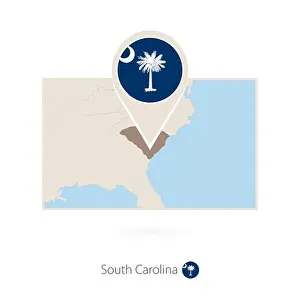South Carolina Prints: Rectangular map of US state South Carolina with pin icon of South Carolina