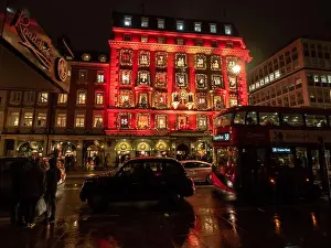 Rainy Prints: The red 'Advent Calendar' facade of Fortnum & Mason department store on Piccadilly