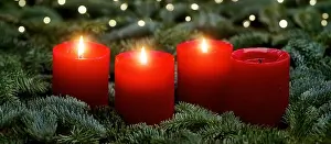 Low Key Prints: Red Advent candles, three burning