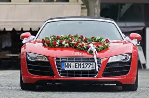 Hood Prints: Red Audi R8 Quattro V10 Convertible Wedding Car Luxury Roadster Vehicle with Flower Bouquet on Bonnet Hood - Heilbronn
