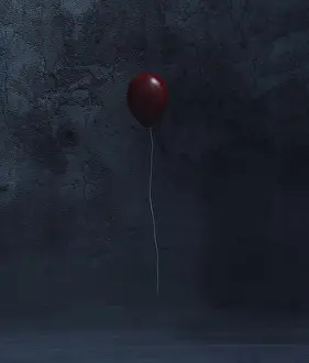 Clown Prints: Red balloon in a dark room, 3d rendering