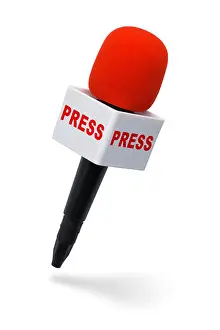 Buzz Prints: Red and Black Press Microphone Isolated on White Background