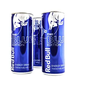 Red Bull Prints: Red Bull Blue Edition energy drink on white background