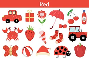 Primary Prints: Red color objects set. Learning colors for kids. Cute elements collection