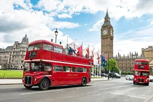 Big Ben Prints: Red double-decker buses, Big Ben with Westminster Palace, London, England, Great Britain