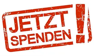Suffering Prints: red grunge stamp with frame, big exclamation mark and text donate now (in german)