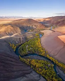 Altai Republic Prints: Red Hills of Clay, Mountains, Larches and Meanders of River in Autumn