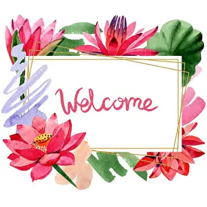 Red lotus flower. Welcom handwriting monogram calligraphy