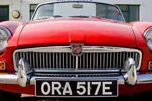 Top Down Prints: Red MGB classic British open red sports car, front radiator grill and badge