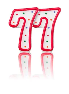 Numeral Prints: Red number 77 with reflection on a white background