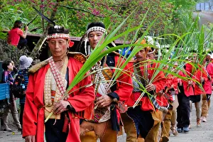 Starkpix Prints: Red-robed Tsou men parade at the Tsou Mayasvi festival in the village of Tefuye in the Alishan Mountains
