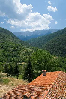 Natural World Prints: Red roof tiles in Pyrenees Mountains