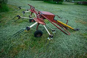 Rake Prints: Red rotary rake trailer on a green meadow