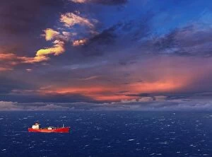 Images Dated 11th April 2014: Red ship in the sea at sunset