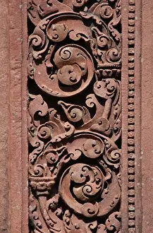 Khmer Prints: Red stone carving of the Banteay Srei Temple in the Angkor Area near Siem Reap, Cambodia