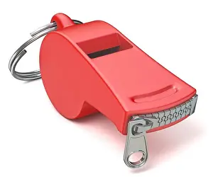Gossip Prints: Red whistle with a closed zipper. 3D render illustration isolated on white background