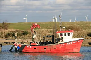 Rising Prints: A RED AND WHITE FISHING BOAT RX8 RISING DAWN MOORED IN BRIGHT SUNSHINE AT THE VILLAGE OF RYE HARBOUR EAST SUSSEX UK