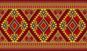 Ikat Prints: Red Yellow Green Symmetry Geometric Ethnic Seamless Pattern Design on Red Background