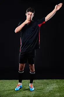 Blowing Prints: Referee, pointing and blowing whistle in studio for decision in sport