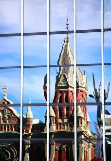 Western Australia Prints: Reflected image of church spire through glass Skyscraper Perth Western Australia