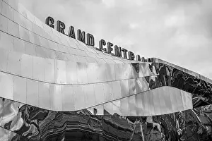 Grayscale Prints: Reflective steel facade of the new Grand Central which houses Birmingham New Street station in Birmingham