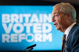 Council Prints: Reform UK Leader Nigel Farage speaks at Chelmsford Race Track after sweeping local election victories for his party