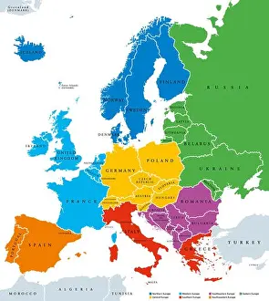 Regions of Europe, political map, with single countries and English labeling