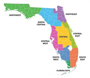 Cartography Prints: Regions of Florida, a state in the Southeastern United States