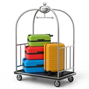 Briefcase Prints: Regular polycarbonate suitcase on hotel trolley cart for carrying baggage on white background