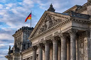 Old City Prints: The Reichstag building pediment on Corinthian columns in city of Berlin