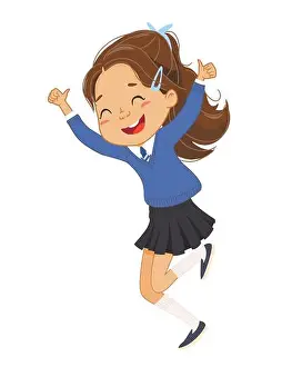 Outerwear Prints: Rejoicing European schoolgirl elementary student jumping with cool gesture vector flat illustration