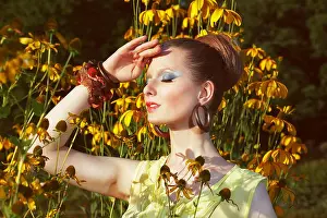 Young Girl Prints: Relax. Daydreaming Woman over Floral Background with Flowers