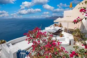 Fira Prints: Relaxing and romantic view with white architecture in Santorini Greece
