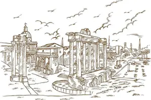 Colosseum Prints: Remains of temples in Foro Romano, Rome, Italy hand draw